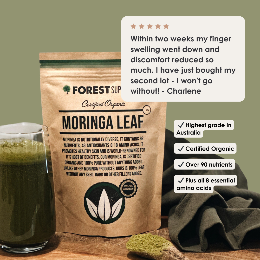 Organic Moringa Leaf Powder with customer review, benefits like certified organic, 90+ nutrients, and Australia’s highest grade