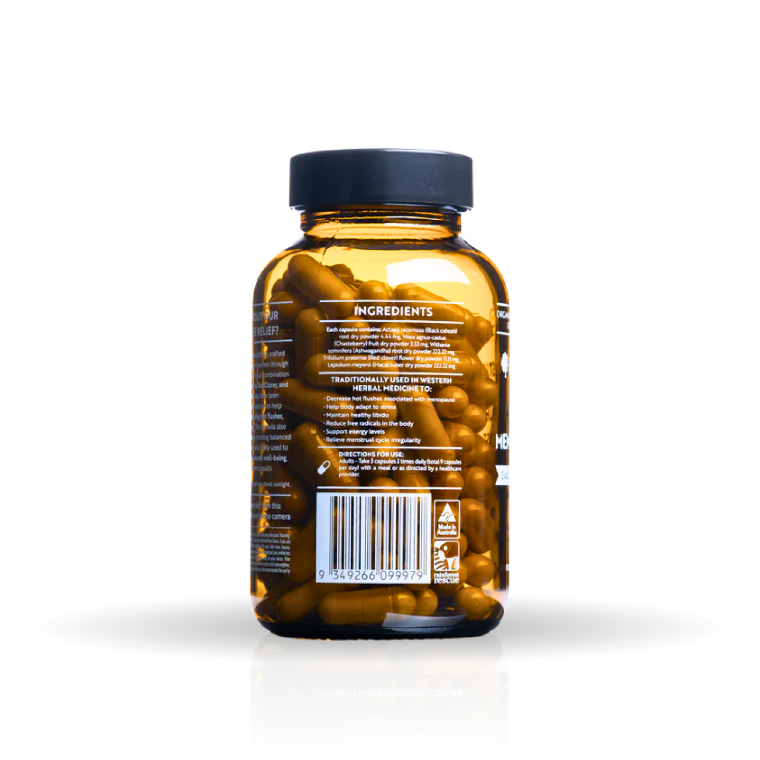 Natural Hormone Support bottle showing amber capsules with herbal ingredients for female hormonal balance and wellbeing