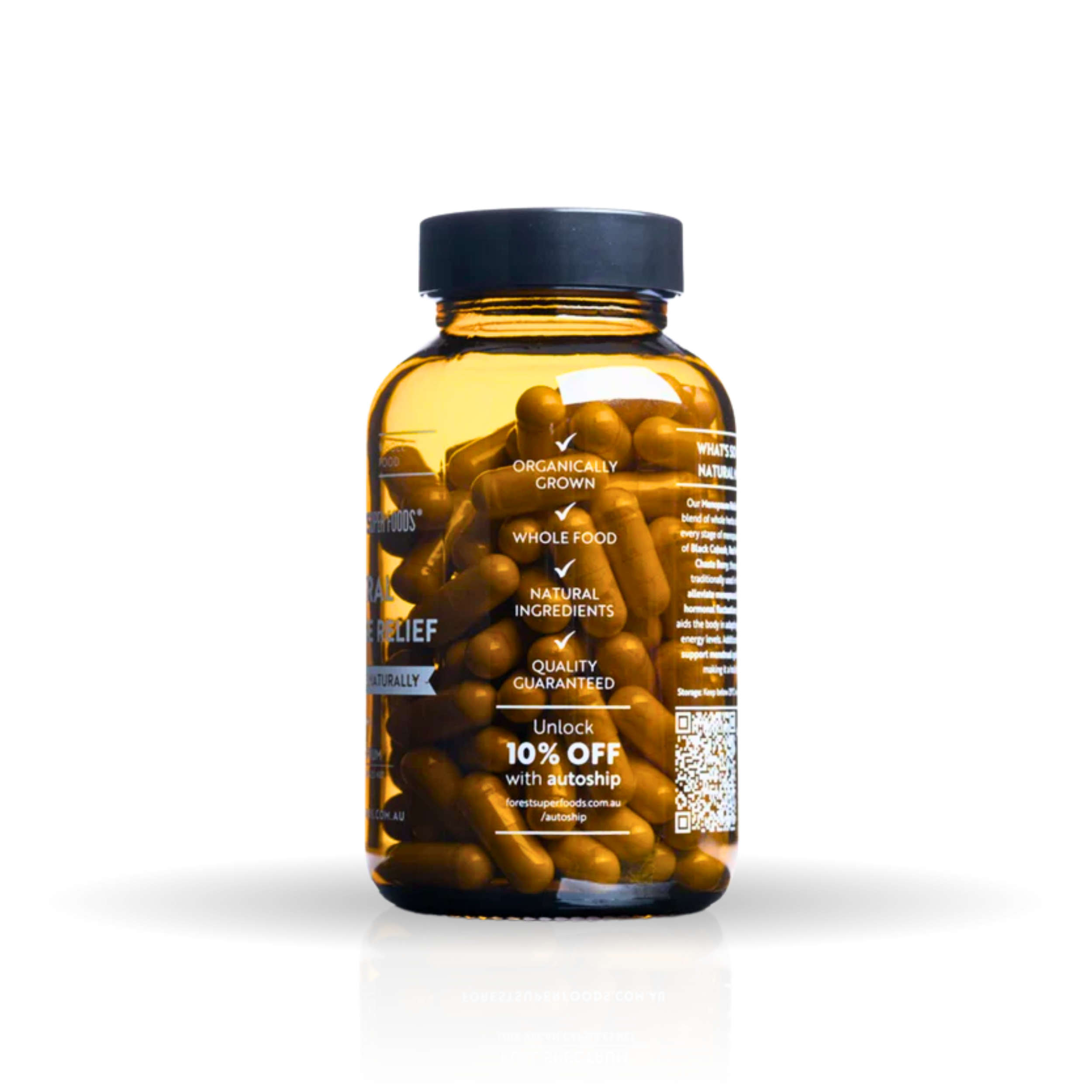 Natural Hormone Support amber bottle with capsules highlighting whole food and quality guaranteed ingredients by Forest Super Foods