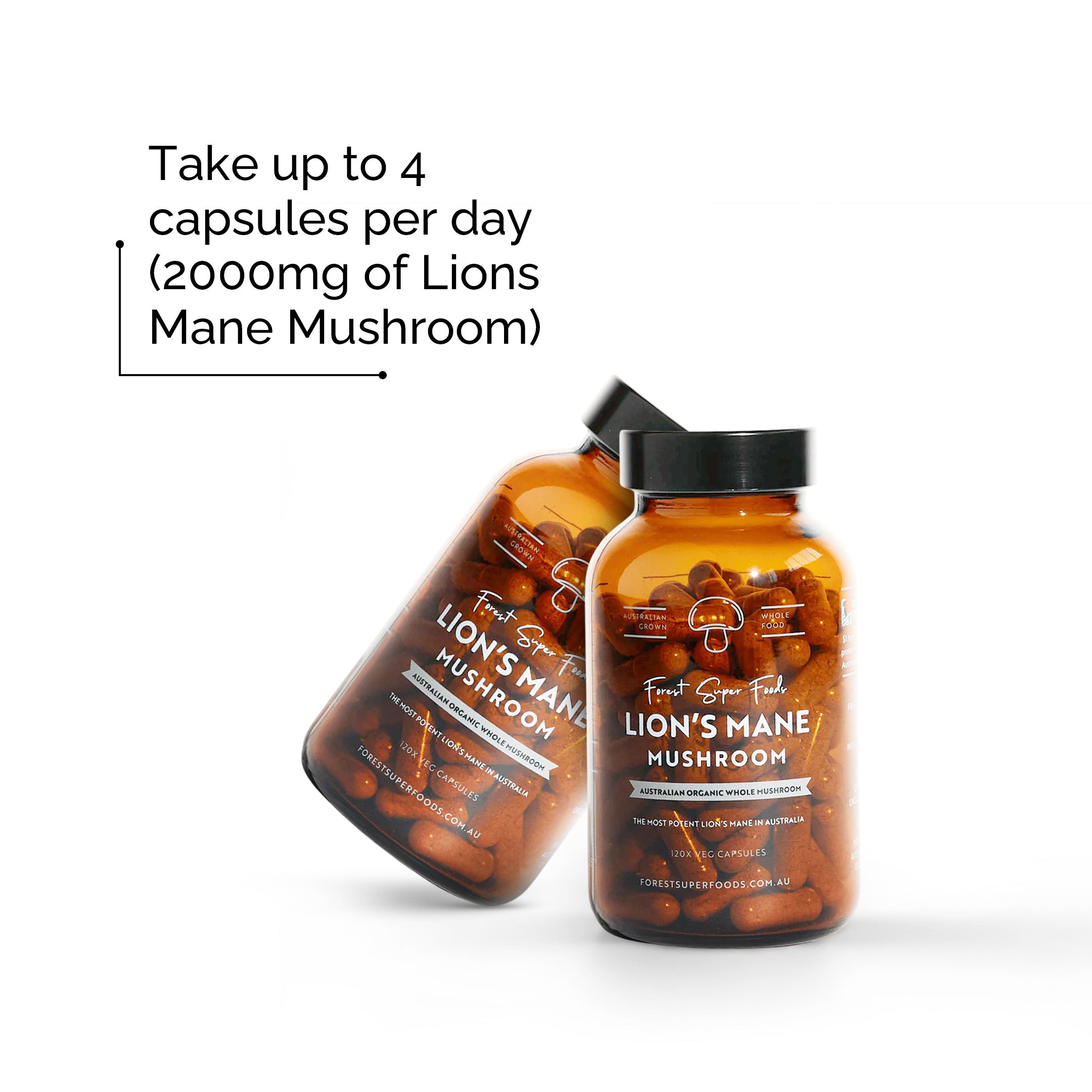 Australian Grown Lions Mane Mushroom Capsules bottle showing 2000mg daily dosage and forest super foods branding