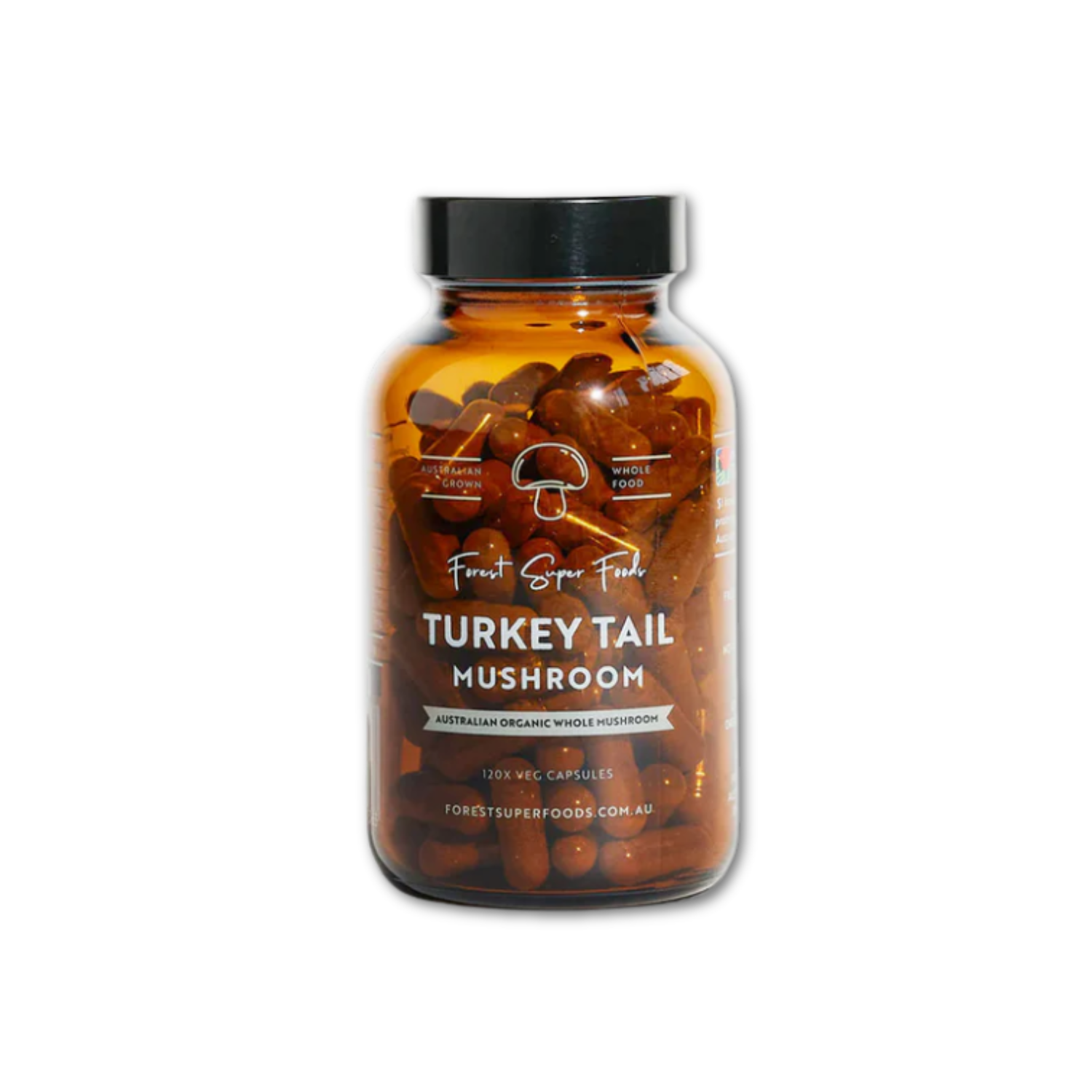 Amber glass jar with black lid containing Forest Super Foods Australia grown organic Turkey Tail Mushroom capsules on black background