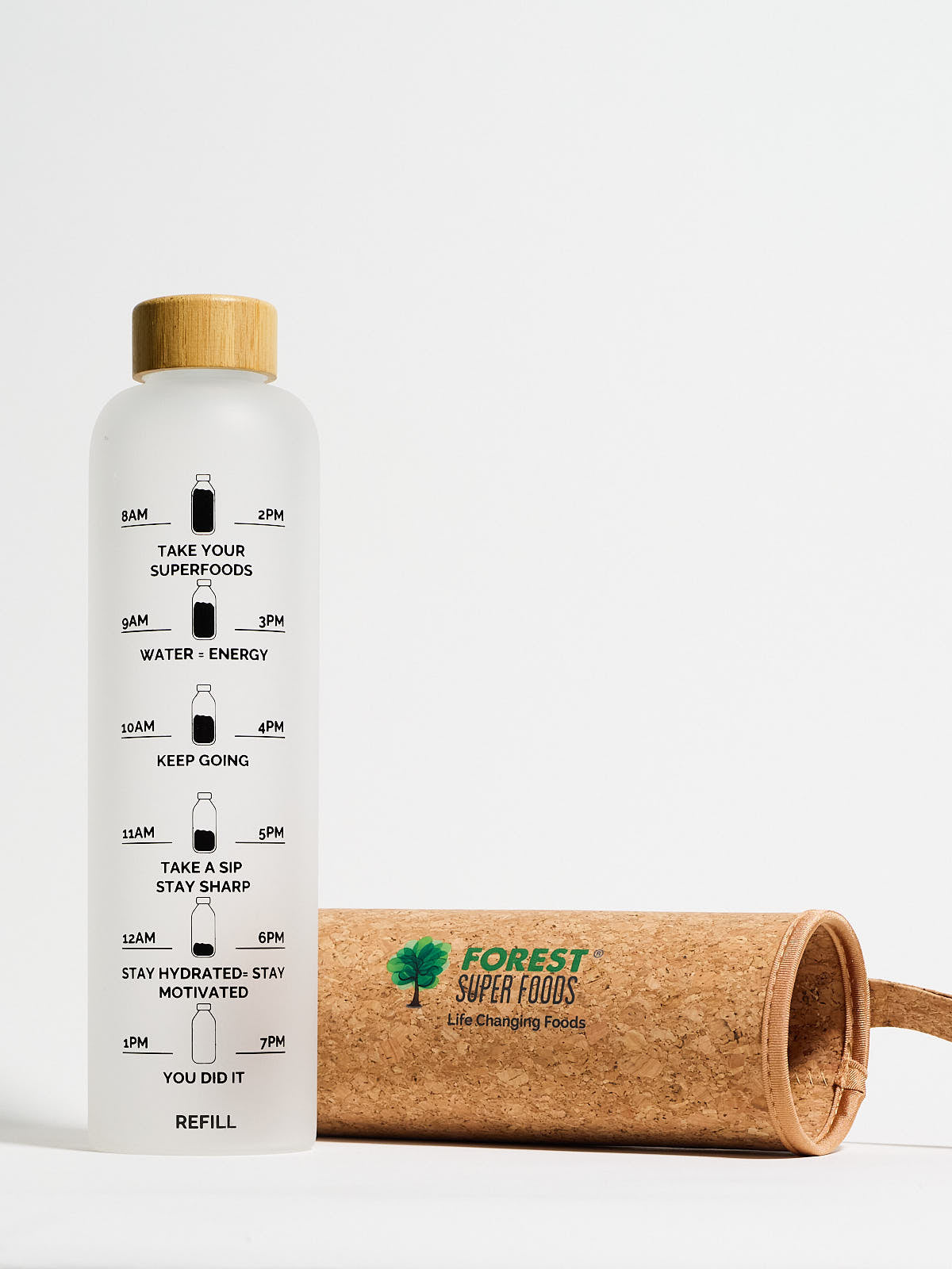 Borosilicate Glass Drinking Bottle with time markers and motivational hydration reminders beside cork sleeve case