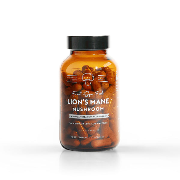 A bottle of Australian Grown Lion's Mane Mushroom capsules by Forest Super Foods. 2,000+ Verified Customer Reviews. Great for brain fog and productivity. 