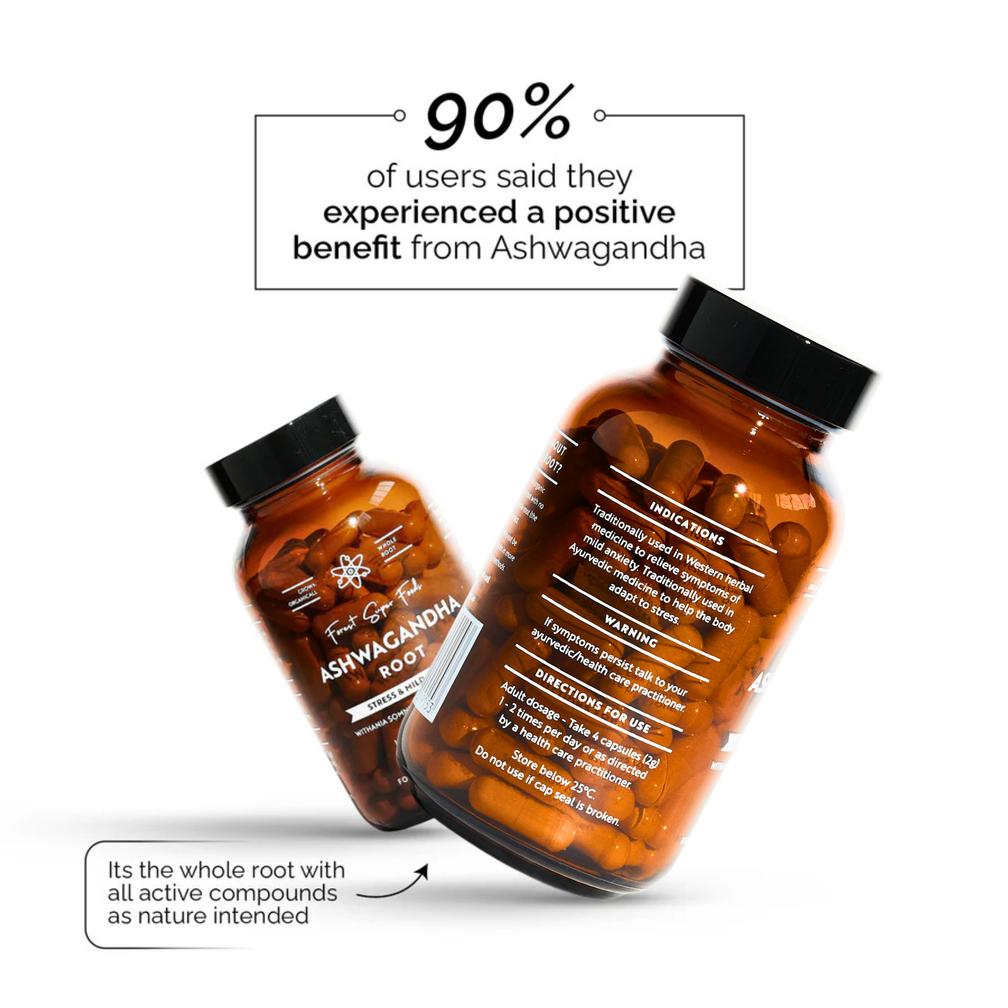 Organic Ashwagandha Capsules amber jars showcasing 90% user satisfaction and whole root freeze-dried potency benefits