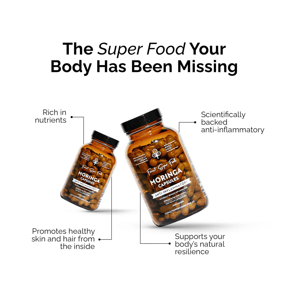 Two bottles of Forest Super Foods Moringa capsules highlighting moringa benefits such as anti-inflammatory support, healthy skin and hair, rich nutrients, and natural resilience.