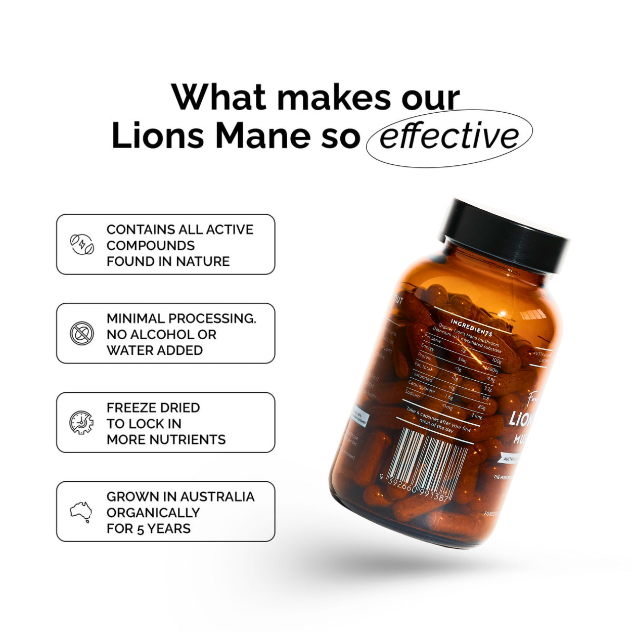 Australian Grown Lions Mane Mushroom Capsules bottle with benefits like freeze-dried, organic, and grown in Australia shown.