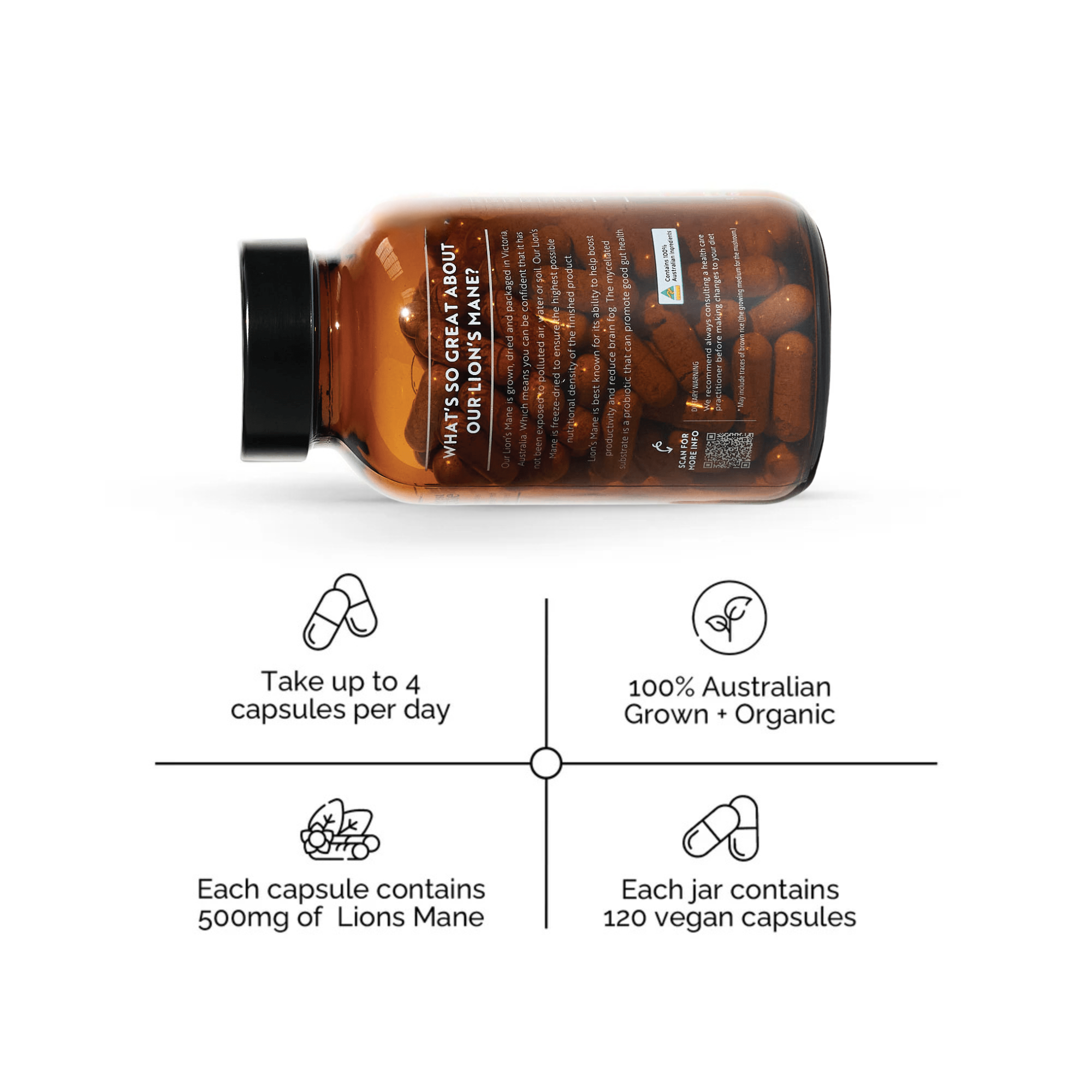 Australian Grown Lions Mane Mushroom Capsules bottle alongside benefits like vegan, 500mg per capsule, and daily dosage details
