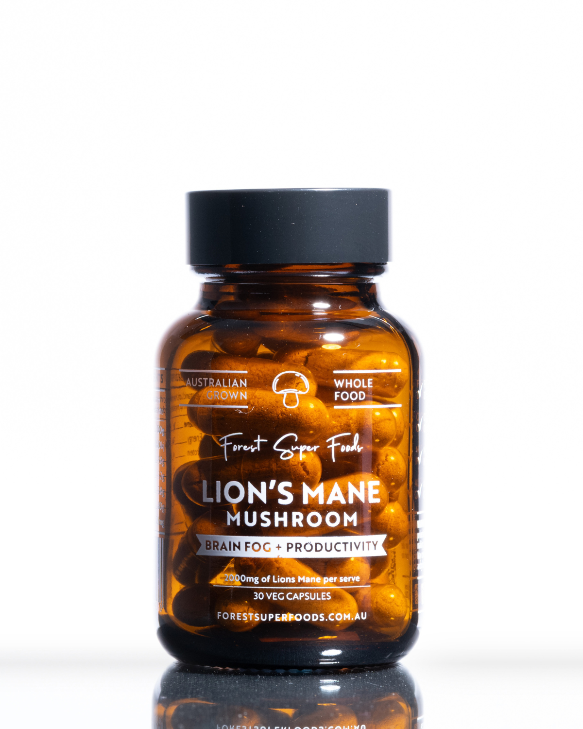 Bottle of Lion's Mane Mushroom capsules on a white background